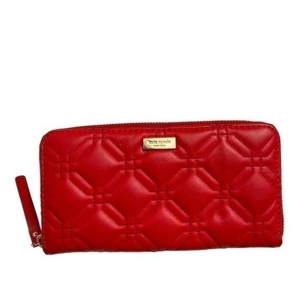 Kate spade red leather quilted Astor zippy zipper clutch accordion wallet
